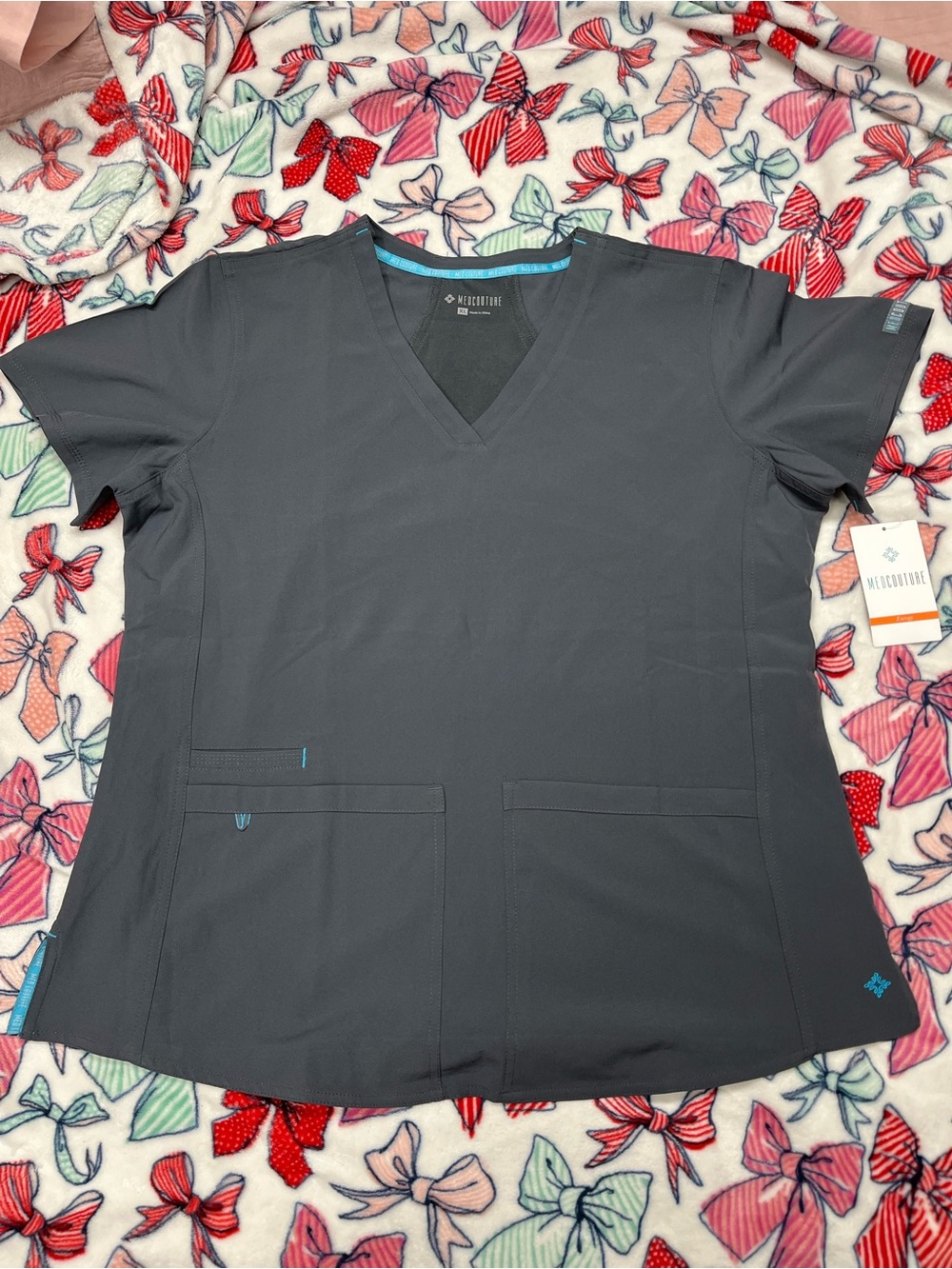 Med Couture Dark Charcoal V-Neck Scrub Top with Contrast Trim
